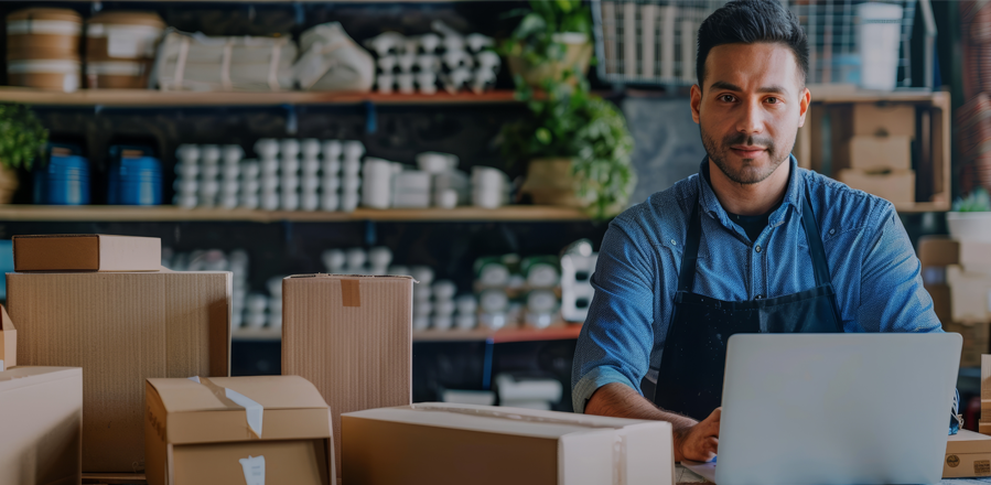 Illustration of parcels and e-commerce orders flowing through a multi-modal delivery network